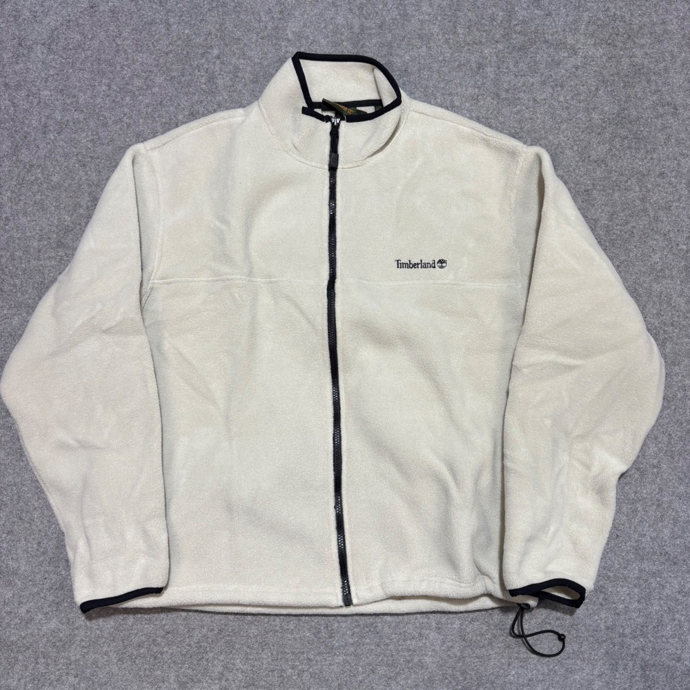 Timberland Mens Full Zip Fleece Jacket Cream Large Mock Neck Logo Outdoor